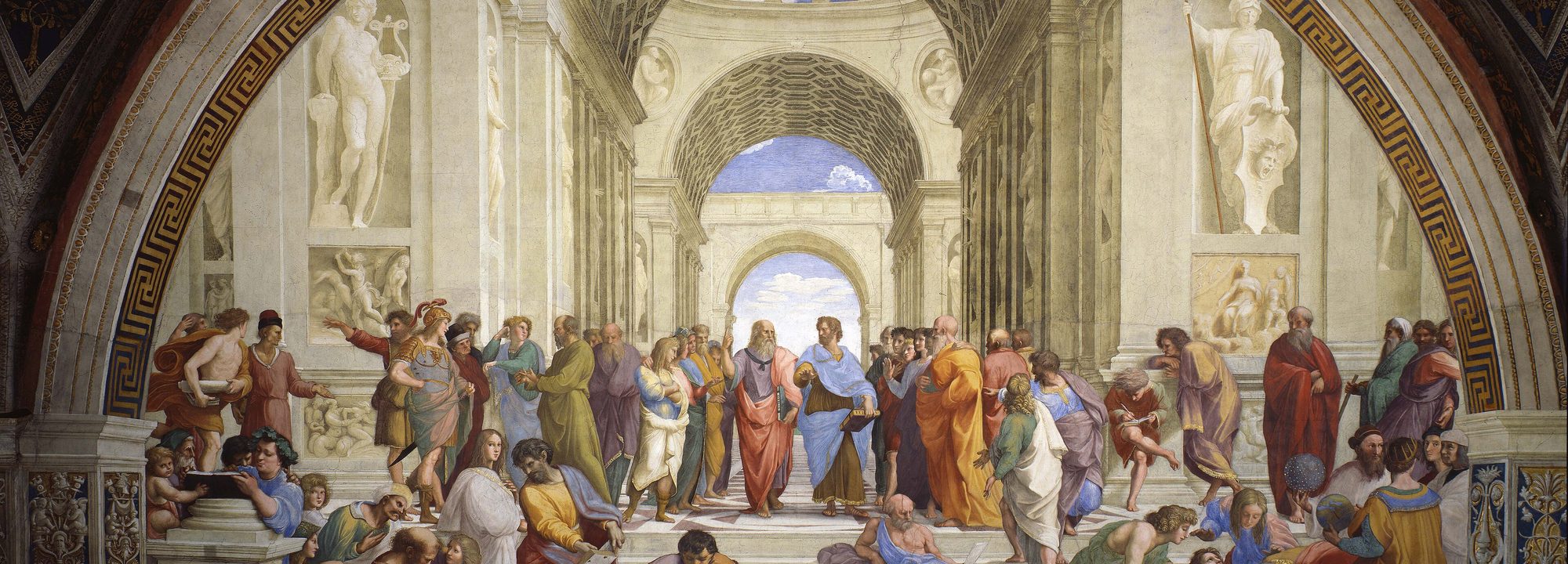 Raphael's fresco The School of Athens — Plato and Aristotle amid the philosophers of antiquity.